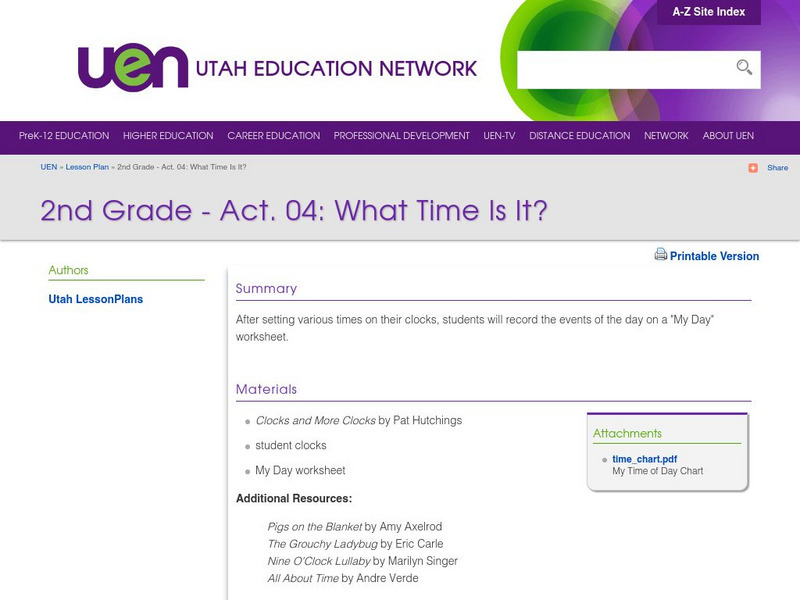 Uen: 2nd Grade Act. 04: What Time Is It? Lesson Plan Uen: 2nd Grade Act. 04: What Time Is It? Lesson Plan