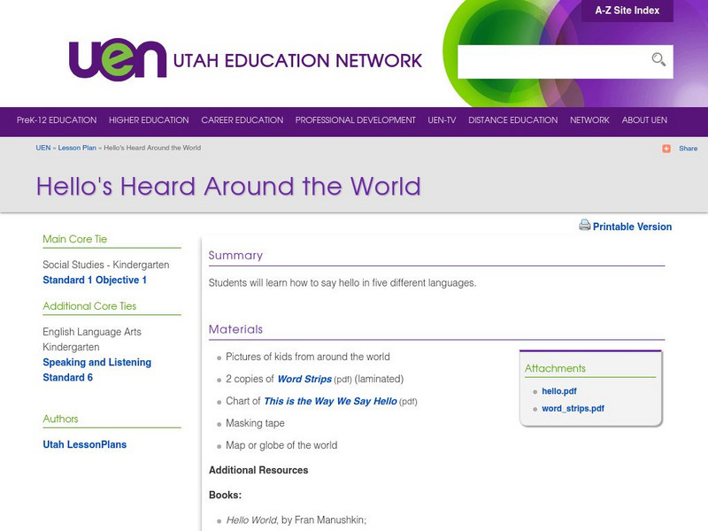 Uen: Hello's Heard Around the World Lesson Plan Uen: Hello's Heard Around the World Lesson Plan