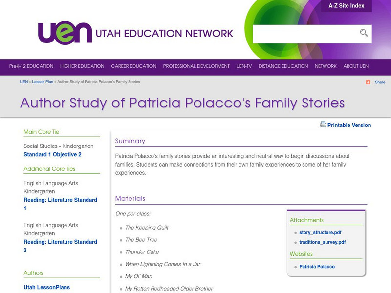 Uen: Lesson Plan: Patricia Polacco's Family Stories Lesson Plan Uen: Lesson Plan: Patricia Polacco's Family Stories Lesson Plan