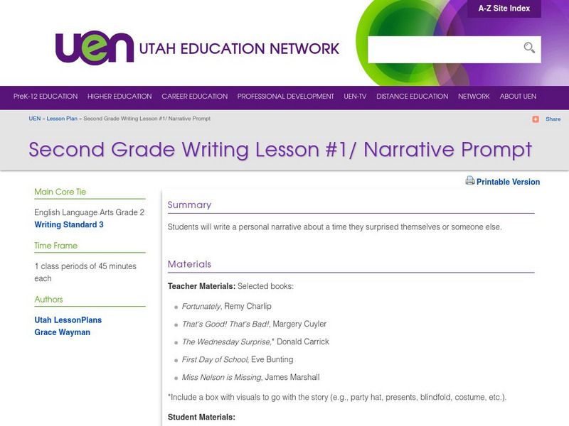Uen: Second Grade Writing Lesson #1/ Narrative Prompt Lesson Plan Uen: Second Grade Writing Lesson #1/ Narrative Prompt Lesson Plan
