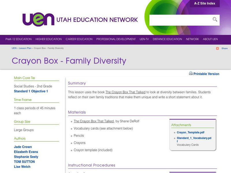 Uen: Lesson Plan: Crayon Box: Family Diversity Lesson Plan Uen: Lesson Plan: Crayon Box: Family Diversity Lesson Plan