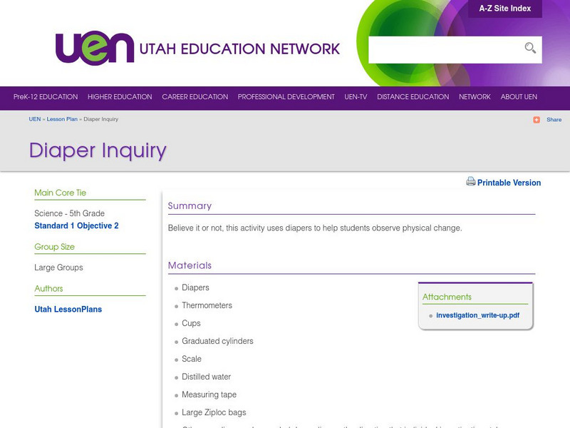 Uen: Diaper Inquiry Lesson Plan Uen: Diaper Inquiry Lesson Plan