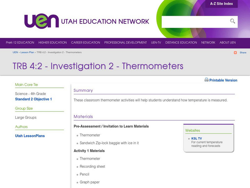 Uen: Trb 4:2 Investigation 2 Thermometers Lesson Plan Uen: Trb 4:2 Investigation 2 Thermometers Lesson Plan
