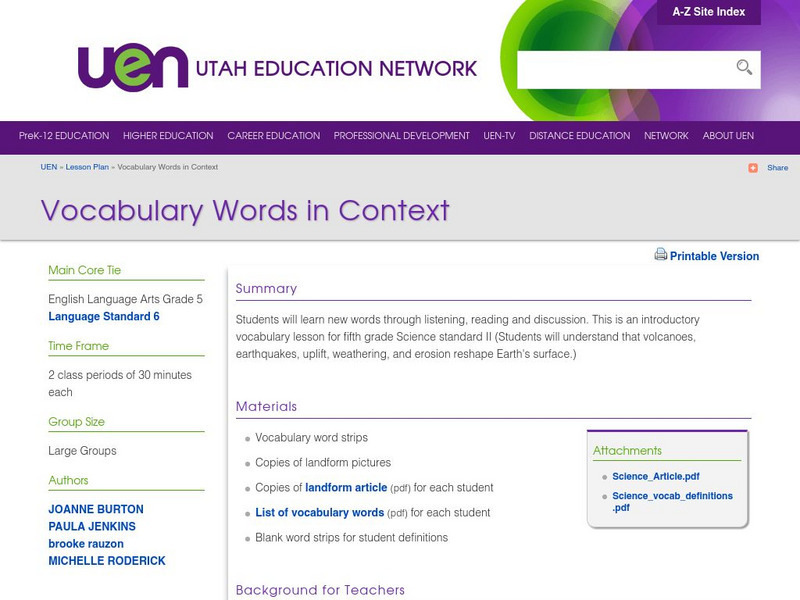 Uen: Vocabulary Words in Context Lesson Plan Uen: Vocabulary Words in Context Lesson Plan