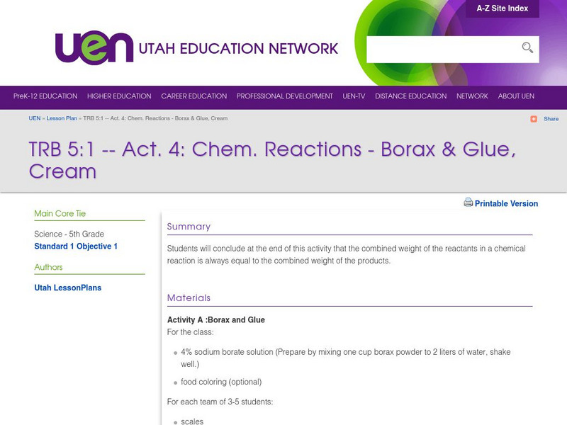 Uen: Trb 5:1 Act. 4: Chem. Reactions Borax & Glue, Cream Lesson Plan Uen: Trb 5:1 Act. 4: Chem. Reactions Borax & Glue, Cream Lesson Plan
