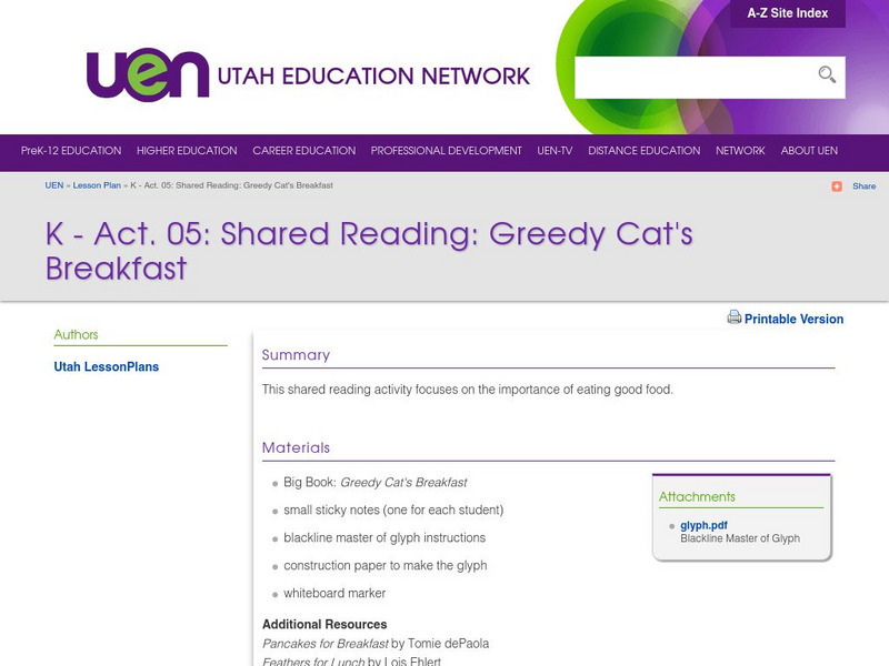 Uen: K Act. 05: Shared Reading: Greedy Cat's Breakfast Lesson Plan Uen: K Act. 05: Shared Reading: Greedy Cat's Breakfast Lesson Plan
