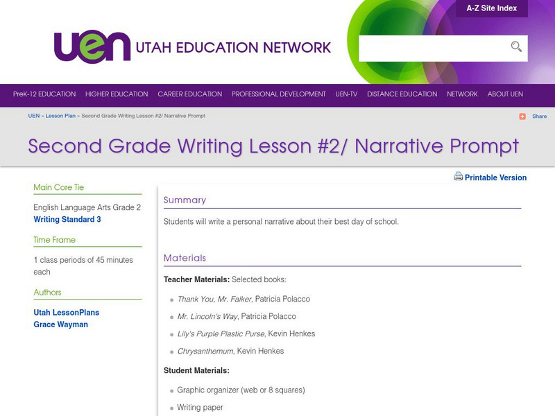 Uen: Second Grade Writing Lesson #2/Narrative Prompt Lesson Plan Uen: Second Grade Writing Lesson #2/Narrative Prompt Lesson Plan