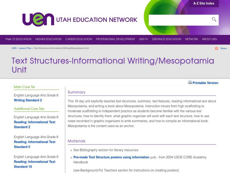 Uen: Text Structures Informational Writing/mesopotamia Unit Lesson Plan Uen: Text Structures Informational Writing/mesopotamia Unit Lesson Plan