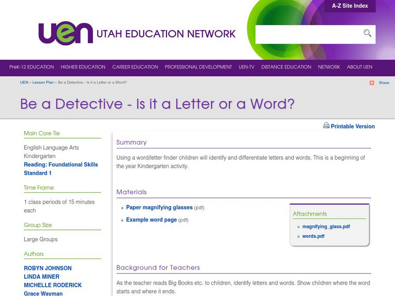 Uen: Be a Detective Is It a Letter or a Word? Lesson Plan Uen: Be a Detective Is It a Letter or a Word? Lesson Plan