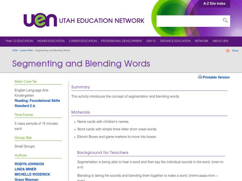 Uen: Segmenting and Blending Words Lesson Plan Uen: Segmenting and Blending Words Lesson Plan