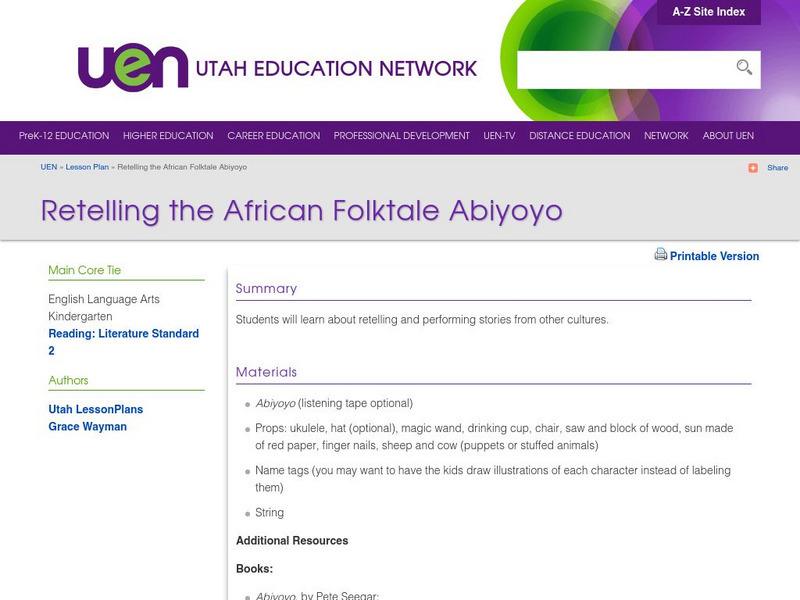 Uen: Retelling the African Folktale Abiyoyo Lesson Plan Uen: Retelling the African Folktale Abiyoyo Lesson Plan