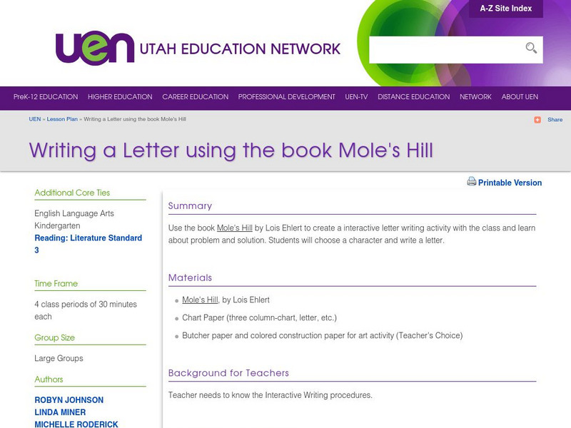 Uen: Writing a Letter Using the Book Mole's Hill Lesson Plan Uen: Writing a Letter Using the Book Mole's Hill Lesson Plan