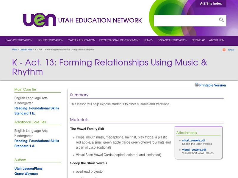 Uen: K Act.13: Forming Relationships Using Music & Rhythm Lesson Plan Uen: K Act.13: Forming Relationships Using Music & Rhythm Lesson Plan