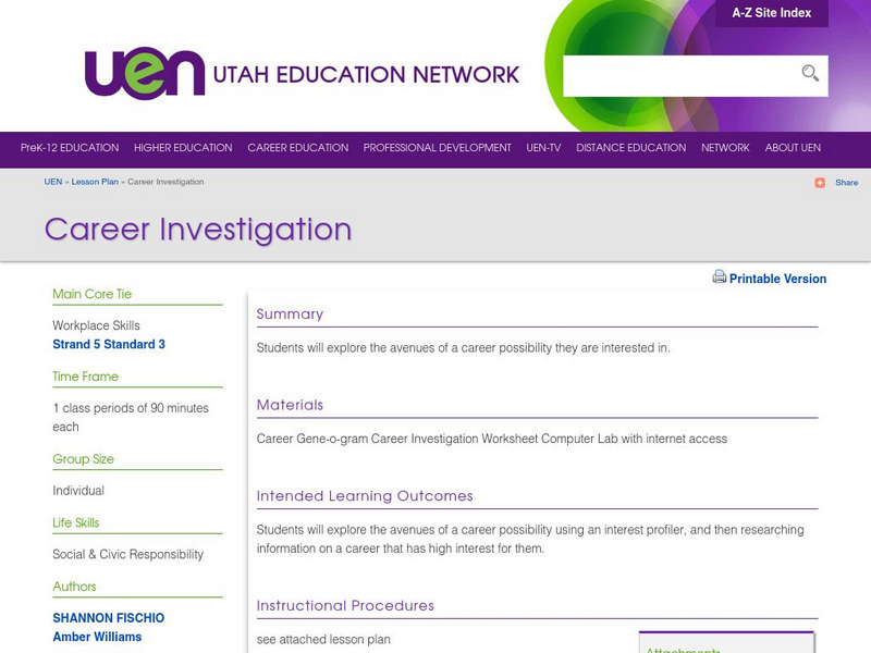 Uen: Career Investigation Lesson Plan Uen: Career Investigation Lesson Plan