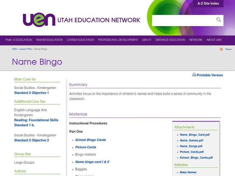 Uen: Name Bingo Lesson Plan Uen: Name Bingo Lesson Plan