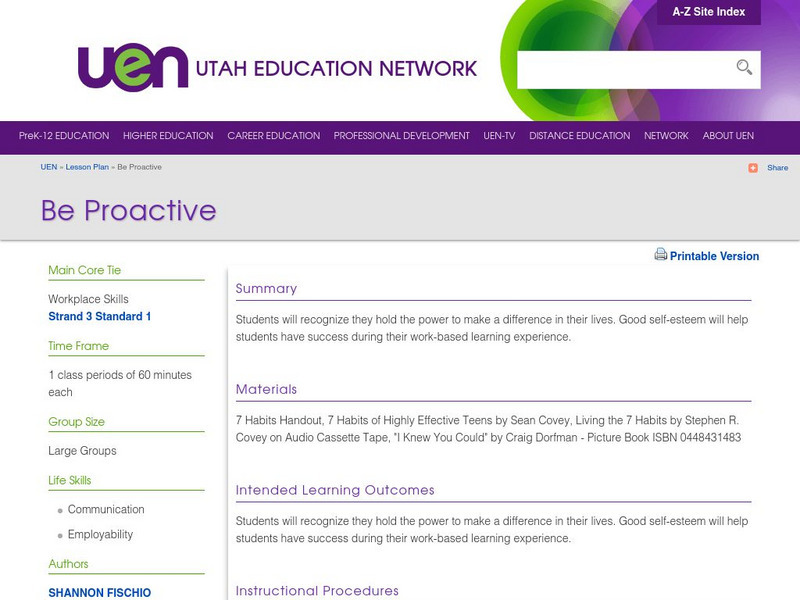 Uen: Be Proactive Lesson Plan Uen: Be Proactive Lesson Plan