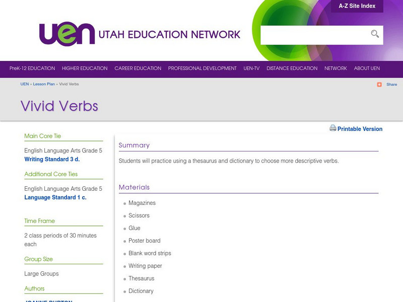 Uen: Vivid Verbs W.5.3.d Lesson Plan Uen: Vivid Verbs W.5.3.d Lesson Plan