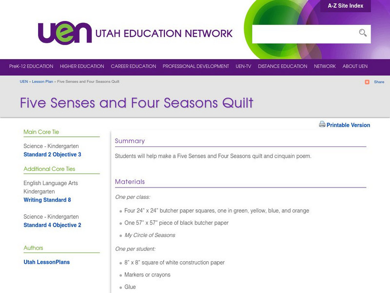 Uen: Five Senses and Four Seasons Quilt Lesson Plan Uen: Five Senses and Four Seasons Quilt Lesson Plan