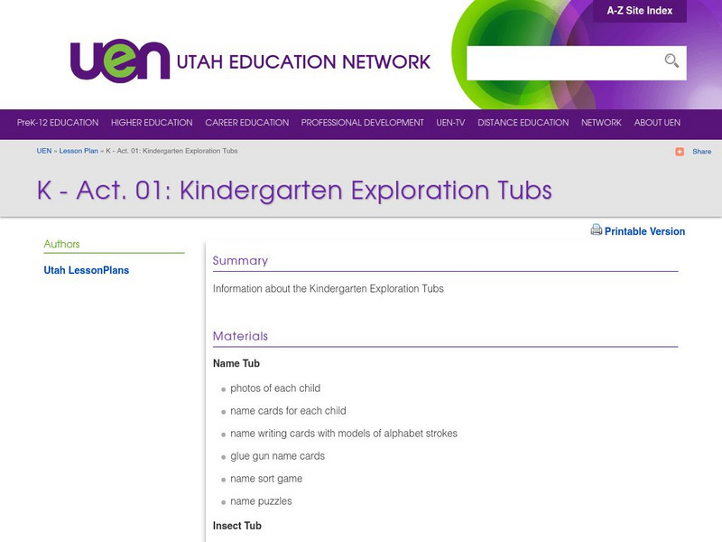 Uen: K Act. 01: Kindergarten Exploration Tubs Lesson Plan Uen: K Act. 01: Kindergarten Exploration Tubs Lesson Plan