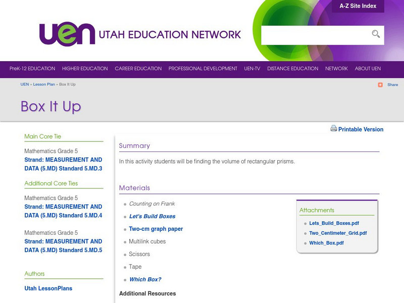 Uen: Box It Up Lesson Plan Uen: Box It Up Lesson Plan