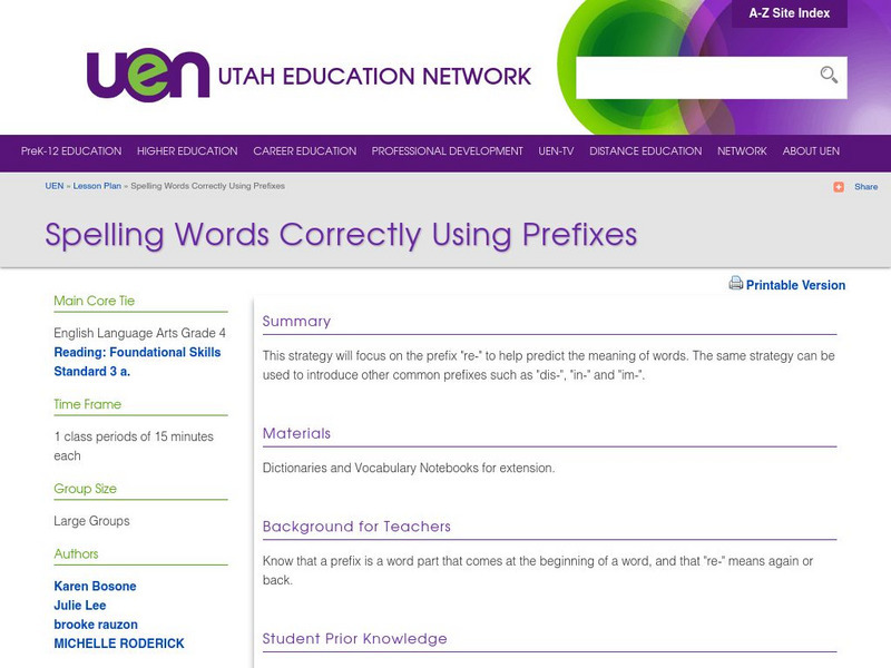 Uen: Spelling Words Correctly Using Prefixes Lesson Plan Uen: Spelling Words Correctly Using Prefixes Lesson Plan