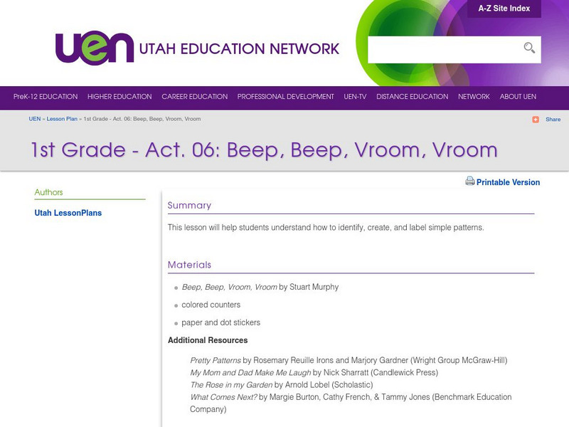 Uen: 1st Grade Act. 06: Beep, Beep, Vroom, Vroom Lesson Plan Uen: 1st Grade Act. 06: Beep, Beep, Vroom, Vroom Lesson Plan
