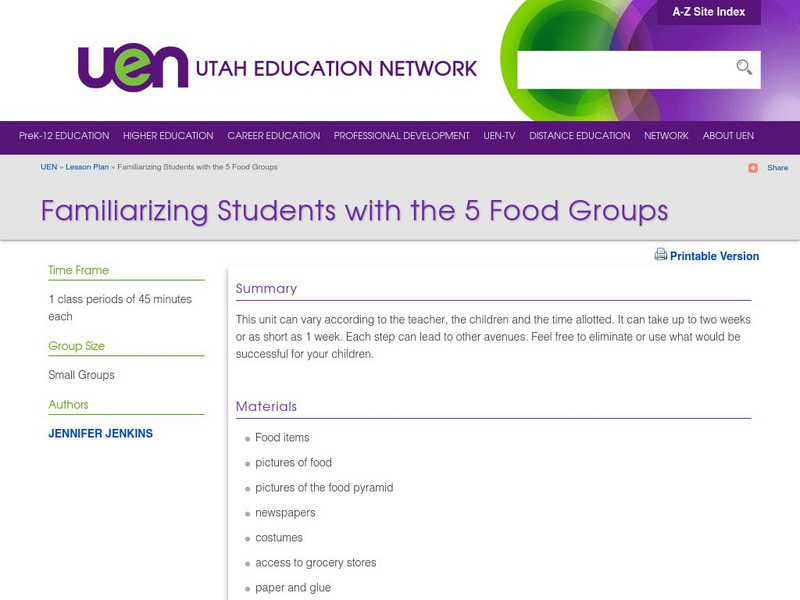 Uen: Familiarizing Students With the 5 Food Groups Lesson Plan Uen: Familiarizing Students With the 5 Food Groups Lesson Plan