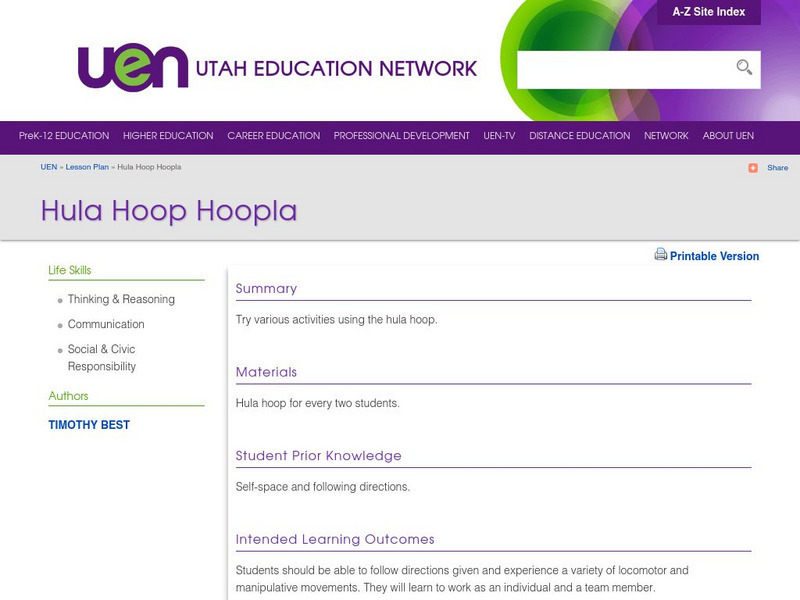 Uen: Hula Hoop Hoopla Lesson Plan Uen: Hula Hoop Hoopla Lesson Plan