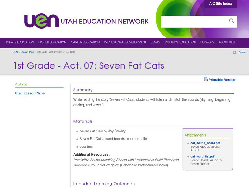 Uen: 1st Grade Act. 07: Seven Fat Cats Lesson Plan Uen: 1st Grade Act. 07: Seven Fat Cats Lesson Plan