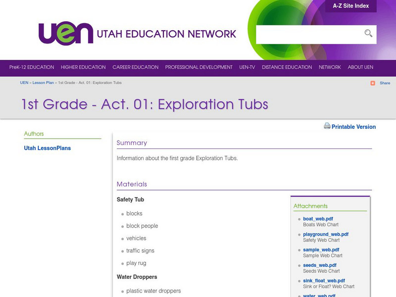 Uen: 1st Grade Act. 01: Exploration Tubs Lesson Plan Uen: 1st Grade Act. 01: Exploration Tubs Lesson Plan