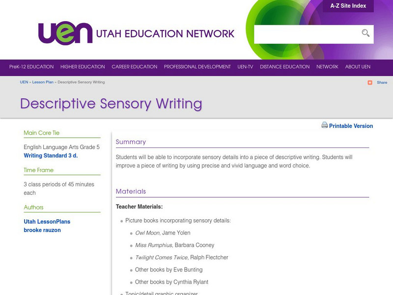 Uen: Descriptive Sensory Writing Lesson Plan Uen: Descriptive Sensory Writing Lesson Plan
