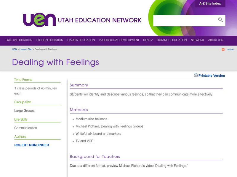 Uen: Dealing With Feelings Lesson Plan Uen: Dealing With Feelings Lesson Plan