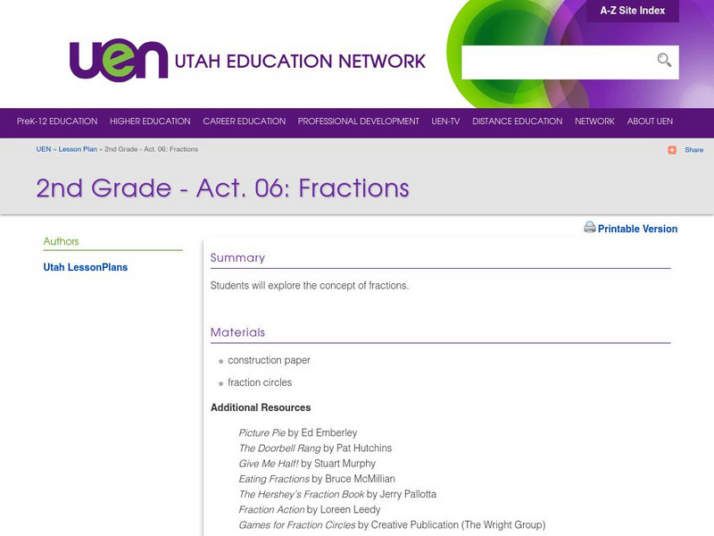 Uen: 2nd Grade Act. 06: Fractions Lesson Plan Uen: 2nd Grade Act. 06: Fractions Lesson Plan