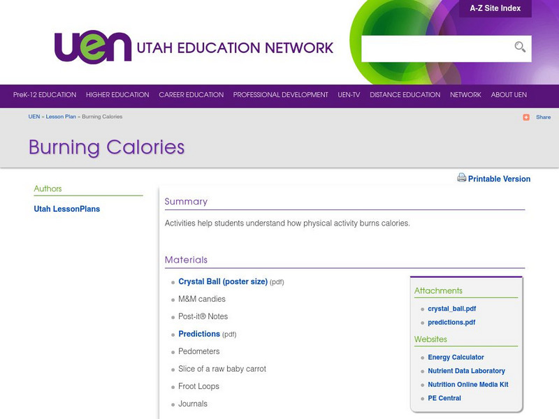 Uen: Burning Calories Lesson Plan Uen: Burning Calories Lesson Plan