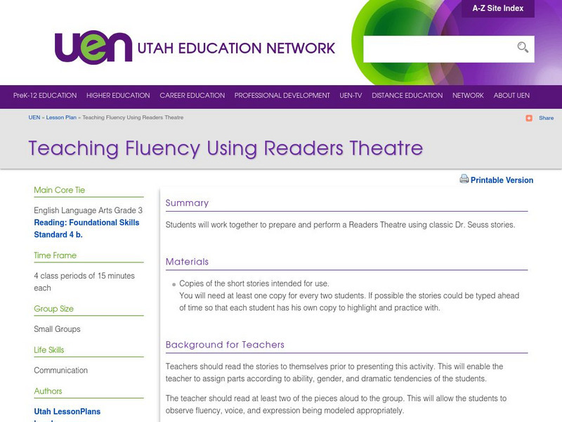 Uen: Teaching Fluency Using Reader's Theater Lesson Plan Uen: Teaching Fluency Using Reader's Theater Lesson Plan