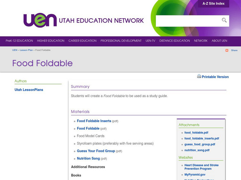 Uen: Food Foldable Lesson Plan Uen: Food Foldable Lesson Plan