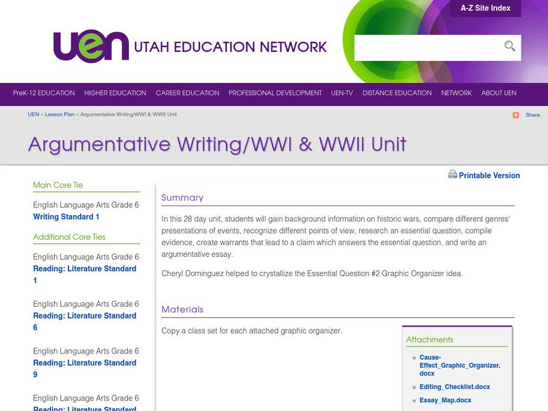 Uen: Argumentative Writing/wwi & Wwii Unit Lesson Plan Uen: Argumentative Writing/wwi & Wwii Unit Lesson Plan