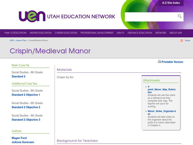 Uen: Crispin/medieval Manor Lesson Plan Uen: Crispin/medieval Manor Lesson Plan