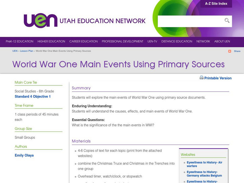 Uen: World War One Main Events Using Primary Sources Lesson Plan Uen: World War One Main Events Using Primary Sources Lesson Plan