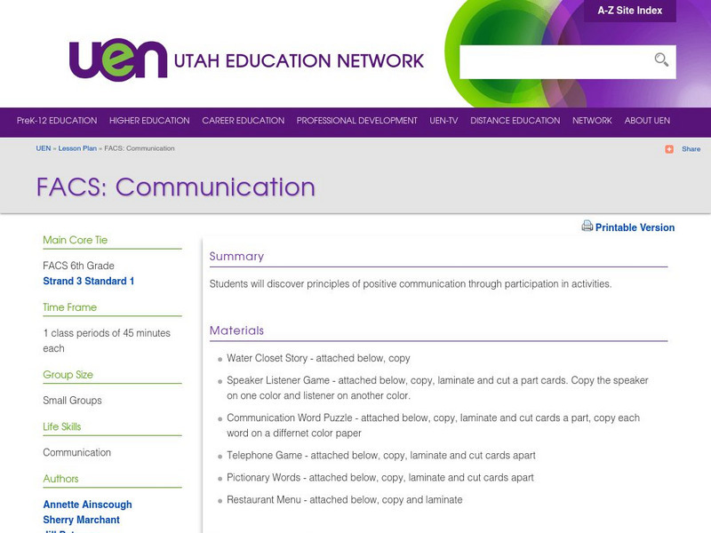 Uen: Facs: Communication Lesson Plan Uen: Facs: Communication Lesson Plan
