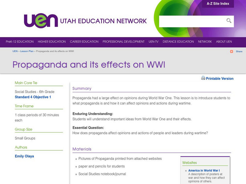 Uen: Propaganda and Its Effects on Wwi Lesson Plan Uen: Propaganda and Its Effects on Wwi Lesson Plan