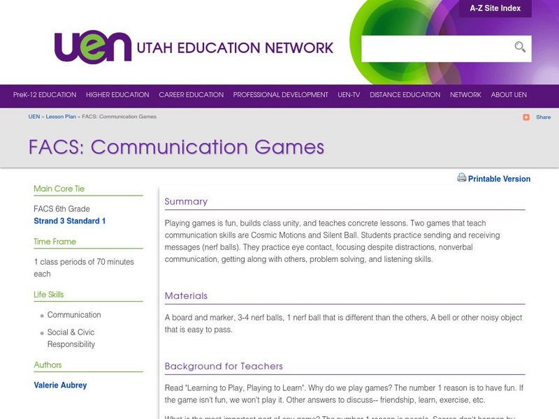 Uen: Facs: Communication Games Lesson Plan Uen: Facs: Communication Games Lesson Plan