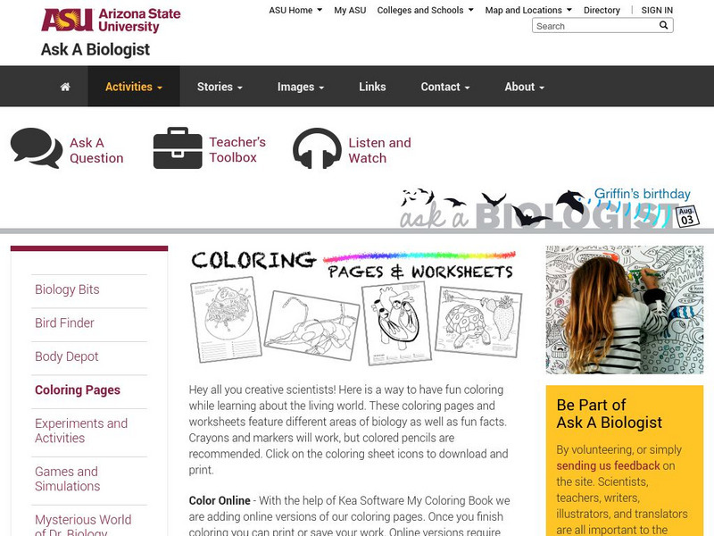 Arizona State University: Coloring Pages and Worksheets in Life Sciences Activity Arizona State University: Coloring Pages and Worksheets in Life Sciences Activity