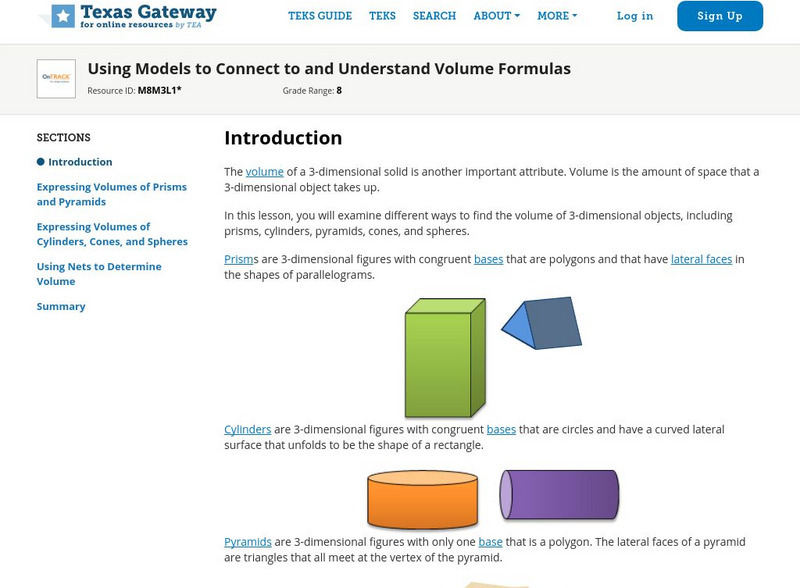 Texas Gateway: Using Models to Connect to and Understand Volume Formulas Unit Plan Texas Gateway: Using Models to Connect to and Understand Volume Formulas Unit Plan