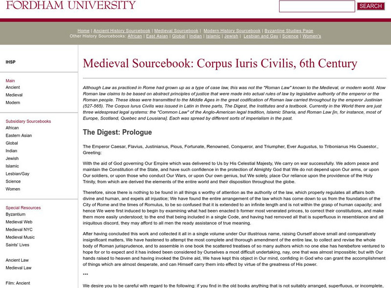 Fordham University: Medieval Sourcebook: Corpus Iuris Civilis, 6th Century Handout
