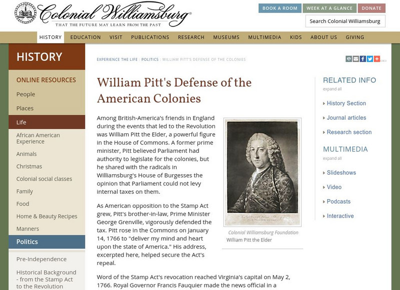 Colonial Williamsburg: William Pitt's Defense of the American Colonies Primary Colonial Williamsburg: William Pitt's Defense of the American Colonies Primary