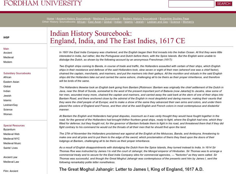 Fordham University: Indian History Sourcebook: England, India, and the East Indies 1617 Primary Fordham University: Indian History Sourcebook: England, India, and the East Indies 1617 Primary