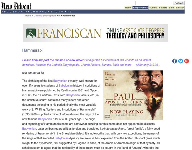 Catholic Encyclopedia: Hammurabi Handout Catholic Encyclopedia: Hammurabi Handout