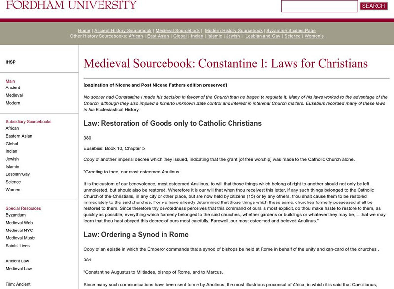 Fordham University: Medieval Sourcebook: Laws of Constantine Primary Fordham University: Medieval Sourcebook: Laws of Constantine Primary