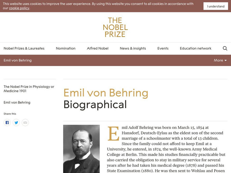 The Nobel Prize: Emile Adolf Behring Biographical Handout The Nobel Prize: Emile Adolf Behring Biographical Handout